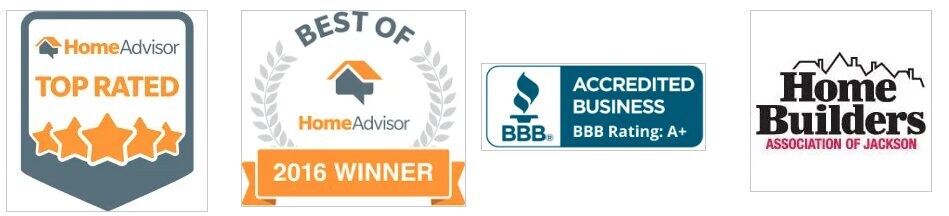 HomeAdvisor Top Rated, Best of HomeAdvisor 2016 Winner, BBB Accredited Business and Home Builders Association of Jackson badges