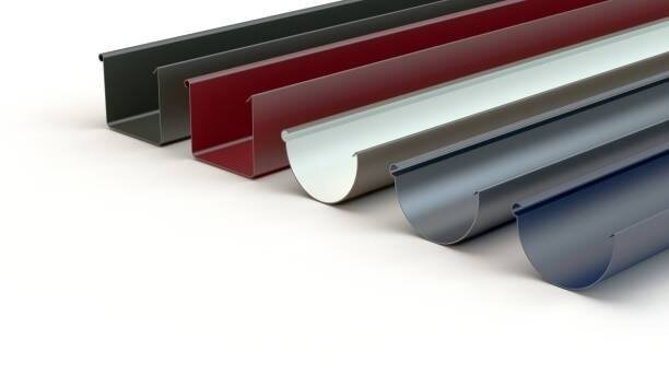Sample gutter profiles in dark grey, red, white and blue finishes